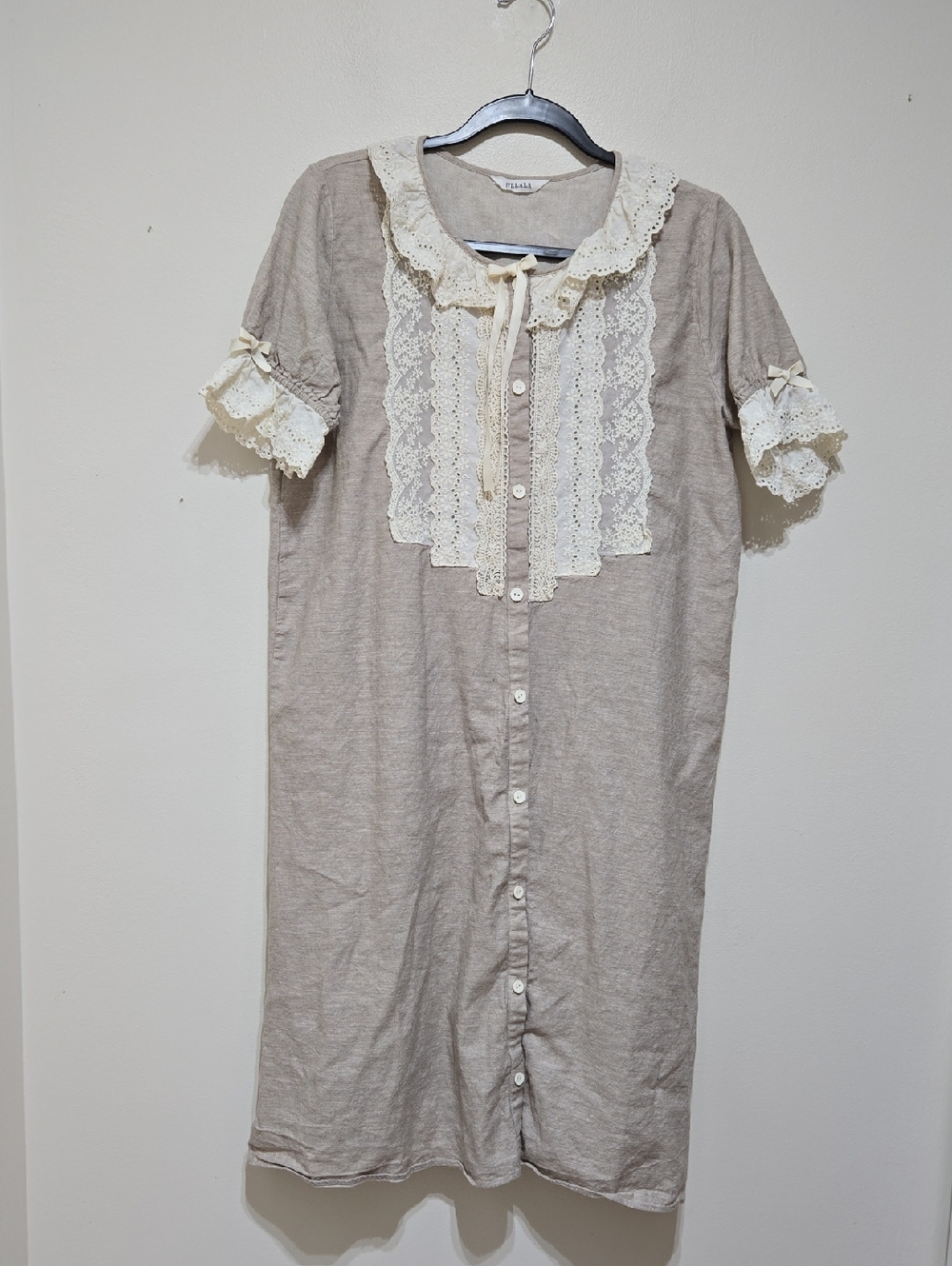 ULLALA Lace-Trim Button Front Nightgown in Beige and Cream
